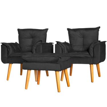 Imagem de Conjunto 2 Poltronas Para Sala Decorativa e Puff Opala Suede Preto Ara