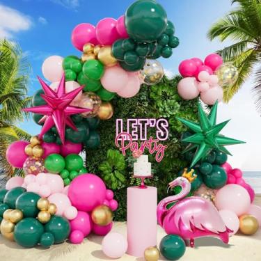 Imagem de CboDeco Tropical Balloon Garland Arch Kit with Flamingo Foil Balloons, Hot Pink Green Macaron Pink Gold Confetti Exploding Star Foil Balloons for Luau Hawaiian Beach Birthday Party Decorations