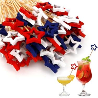 Imagem de Palitos de dente de 4 de julho, 100 peças de palitos vermelhos, brancos e azuis para aperitivos, espetos de sanduíche de comida de bambu, bebidas, palitos de coquetel patrióticos, para decorações de