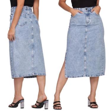 Imagem de Saia Jeans Longa Feminina Cintura Alta Abertura Lateral - Naraka, Azul