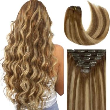 Imagem de Lacer Extensões de cabelo com clipe de cabelo humano ombré chocolate marrom a loiro caramelo com raízes marrons 120 g 7 peças extensões de cabelo humano Remy clipe em extensões de cabelo natural real liso 35,5 cm