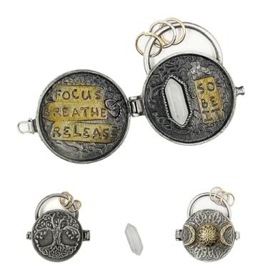 Imagem de LOFIRSIFJOY Medalhão de prata de lua tripla com árvore da vida, medalhão mantra, espaço mágico pessoal com cristais de quartzo transparentes, altar de prata sagrado para intenção e meditação, portable