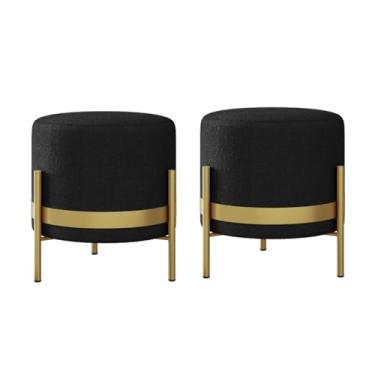 Imagem de Kit 2 Puffs Tecido Bouclé Cor Preto Base Metal Dourada - PRETO DOURADO