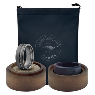 Imagem de Gentlemen's Bands Aliança de casamento premium toda preta de tungstênio jateado com incrustação de meteorito | O anel de casamento é o presente ideal | O pacote inclui pulseira de silicone, caixa de