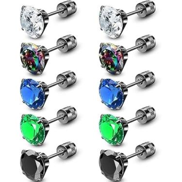 Imagem de ONESING 5 pares de brincos masculinos de aço inoxidável cirúrgico para mulheres e homens, hipoalergênicos, zircônia cúbica, costas planas, parafuso para vários piercings, 20G, Aço inoxidável, Sem
