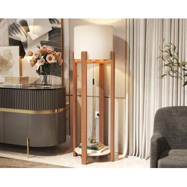 Imagem de Ecom Home - Luminária de Chão Áustria Off White com Mesinha Cúpula Acetato e Pés em Madeira Maciça Ideal para Sala de Estar Quarto Recepção Hotel Decoração Abajur de Chão (Off White)