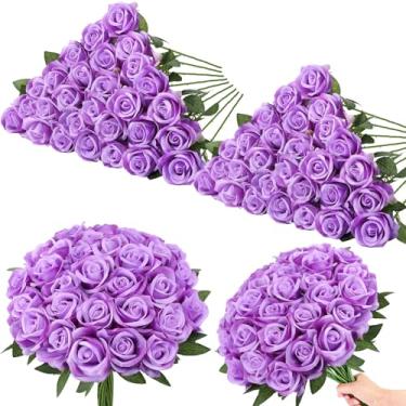 Imagem de Ovveroche 80 flores artificiais de rosas, flores artificiais de rosa roxa de seda, pétalas de rosas roxas falsas, rosas longas para decoração de festa de casamento em casa
