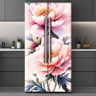 Imagem de GOMAKERER 2 peças de envoltórios removíveis de geladeira com estampa de peônia rosa, autoadesivo, para porta de geladeira, mural de vinil, freezers, painel para decoração de bar, 40 x 192 cm