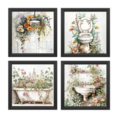 Imagem de Kit 4 quadros decorativos, banheiro, lavabo, florido, luxo (Preto)