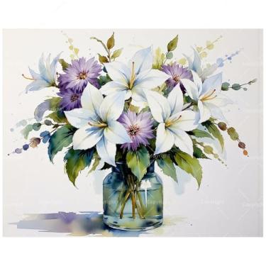 Imagem de Kit de pintura botânica por números para adultos - Buquê de flores roxas e brancas DIY em jarra de vidro, pintura em tela, 40,6 x 50,8 cm, conjunto de tinta acrílica para iniciantes, arte para
