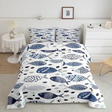 Imagem de jejeloiu Jogo de cama solteiro com tema de peixe, azul marinho, para meninos, meninas, adolescentes, boêmio, litoral, respirável, oceano, marinho, 1 edredom com 1 fronha