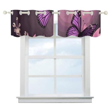 Imagem de Cortinas blackout de flores 3D e borboleta roxa escurecimento de quarto cortinas de janela curtas com isolamento térmico para cozinha, sala de jantar, quarto, 2 painéis 132 x 46 cm