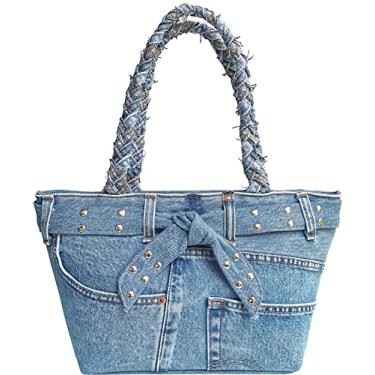 Imagem de Bolsa feminina Upcycling Trapézio jeans azul com alça trançada amarrada com laço e alça superior