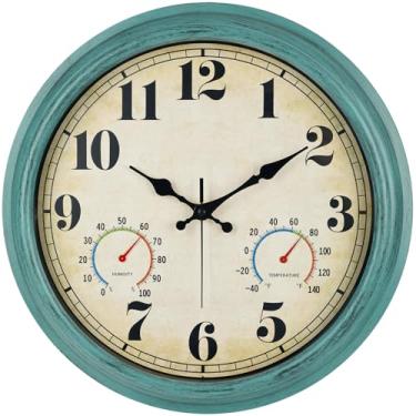 Imagem de zyzamay Relógio de parede verde vintage de 40,6 cm com termômetro e higrômetro e à prova d'água, grandes números silenciosos, perfeito para varanda, jardim, piscina