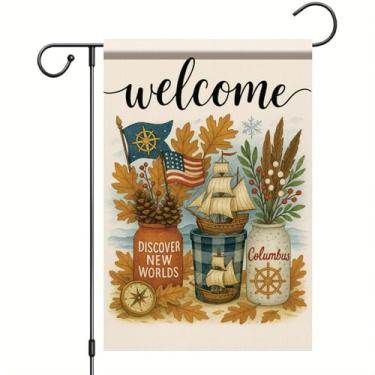 Imagem de Starlit Patio Bandeira de jardim Dia de Colombo de 30,5 x 45,7 cm, faixa de boas-vindas dupla face, descubra novos mundos, outono, navio, decoração ao ar livre para varanda gramado, caminho, sazonal