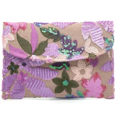 Imagem de Crbeqabe Bolsa de mão floral bordada de lantejoulas para noite com contas para festa de casamento, Roxa, One Size