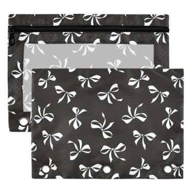Imagem de Bolsas de fichário preto com laço 3 anéis para meninos meninas escola escritório faculdade suprimentos laço fita linda bolsa lápis bolsa bolsa bolsa com janela transparente e zíper 2 pacotes
