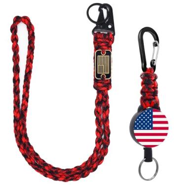 Imagem de Chaveiro retrátil de 2 peças, carretel de suporte de crachá resistente – Cordão de paracord trançado com bandeira dos EUA, carretel retrátil para crachá de identificação e colar de corda de paraquedas