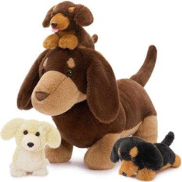 Imagem de Bicho de pelúcia Tezituor Dachshund com 3 bebês, brinquedo de pelúcia de 45 cm