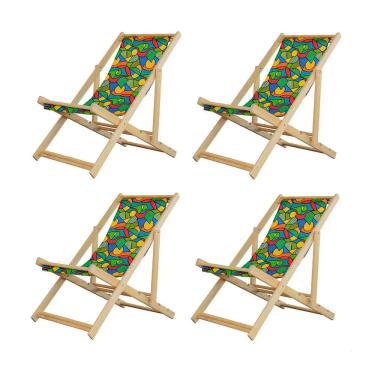 Imagem de Kit 4 Espreguiçadeiras Preguiçosa Dobrável sem Braço Madeira Maciça com Tecido Colorido
