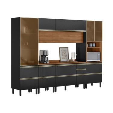 Imagem de Armário de Cozinha Compacta com 3 Vidros Reflecta Proença 9 Portas 11 Gavetas Carbono e Nogueira