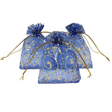 Imagem de Ankirol 100 peças de saco de organza transparente com estampa de cílios, sacos de lembrancinha de casamento 8,8 x 11,4 cm, joias de luxo, sacos de presente com cordão de linha dourada (azul)