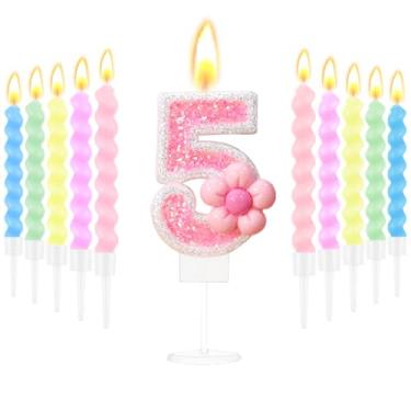 Imagem de Velas de aniversário para bolo com glitter rosa número 5 velas com 10 peças de velas espirais para decoração de festa de aniversário de 5 anos de idade suprimentos de bolo de casamento, aniversário de