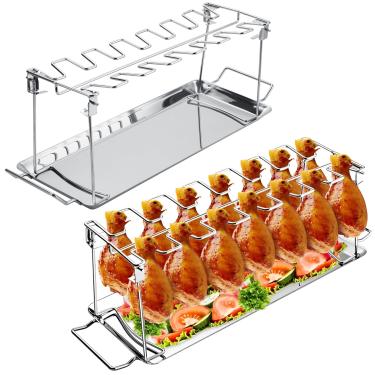 Imagem de YOUNTHYE 2 peças de suporte de perna de frango para grelha com bandeja coletora, 14 compartimentos, rack de pirulito de frango, aço inoxidável, suporte de perna de asa de frango para forno de