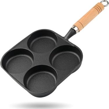 Imagem de Frigideira Antiaderente de Ferro Fundido com 4 Cavidades, Cabo de Madeira, para Ovos e Panquecas
