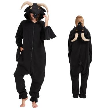Imagem de NAMHTOM Fantasia unissex de cabra preta para adultos, cosplay, animal, fantasia de Halloween, fantasia, cosplay, roupa de dormir, Fantasia de cabra preta, P