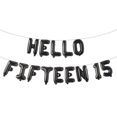 Imagem de Decorações de aniversário de 15 anos para meninas 15º aniversário Hello Fifteen Birthday Party Supplies Número 15 Balões Kit de festa de aniversário de 15 anos para sua menina (HELLO FIFTEEN 15 Preto)