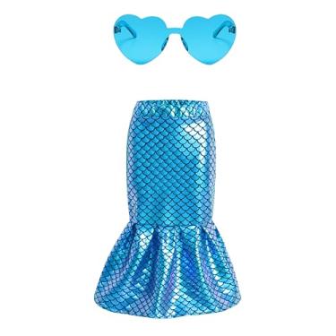 Imagem de Saia midi para meninas, sereia, lápis, roupas brilhantes com acessórios da mesma cor, 4 a 12 anos, Azul, 6-7 Anos