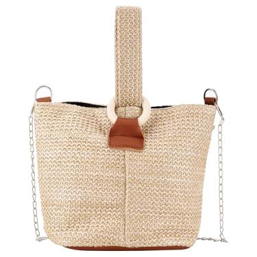 Imagem de DODAMOUR Bolsa transversal Boho de palha, mini bolsa balde de tecido com fivela de anel de madeira, bolsa de ombro de viagem macia para espelho de batom, alça de telefone leve de verão para mulheres