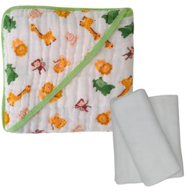 Imagem de Kit Toalha de Banho Bebê Soft com Capuz + 3 Fraldas de Ombro Brancas com Bainha 100% Algodão (Safari)