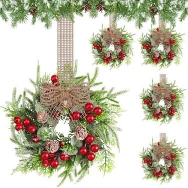 Imagem de Dingion 4 mini guirlandas de armário de Natal artificiais pequenas guirlandas de 23 cm com fita de serapilheira para casa de fazenda vintage, rústica, retrô, porta da frente, decoração interna e