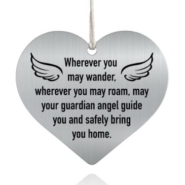 Imagem de XQLZY Wherever You May Roam May Your Guardian Angel Guide You and Safely Bring You Home Aço Inoxidável Amor Espelho Retrovisor Carro Charmoso, Presentes de Viagem Seguros para Mulheres, Presentes de