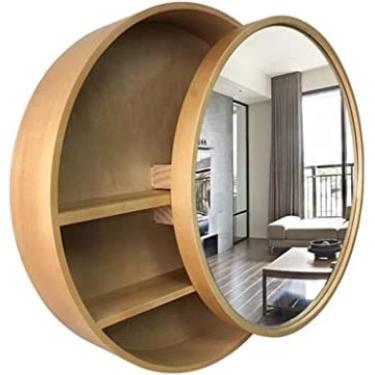Imagem de Armário De Espelho De Banheiro De Madeira Maciça Espelho De Parede Redondo Espelho De Vaidade Com Função De Armazenamento, Wood, 60cm