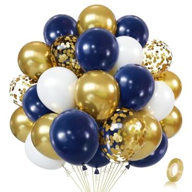 Imagem de Conjunto de balões de confete azul marinho dourado, 50 peças, azul escuro, metálico, dourado, branco, látex, com fita para aniversário, casamento, formatura, chá de panela, decoração de festa