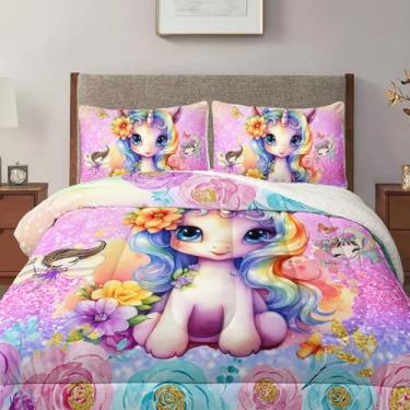 Imagem de lneffble Jogo de cama solteiro Kawaii com estampa de galáxia de unicórnio e estampa de galáxia de unicórnio, 3 peças, macio e quente (1 edredom felpudo, 2 fronhas)