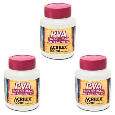 Imagem de Kit Tinta Fosca Artesanato PVA Branco 3x 100ml Acrilex