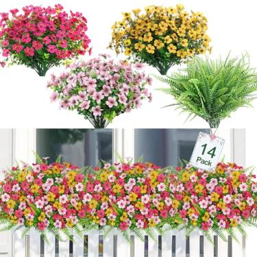 Imagem de MEIVINES 14 pacotes de flores artificiais de plantas para uso ao ar livre, seda falsa, colorido, samambaias, margaridas, resistente a UV, primavera, verão, decoração para jardim, porta da frente,