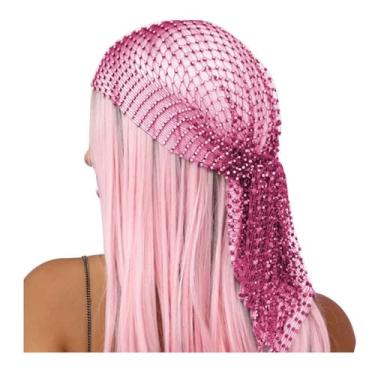 Imagem de Bandanas femininas de malha de strass com glitter, faixas de cabelo largas vazadas de cristal elástico para encenações de carnaval
