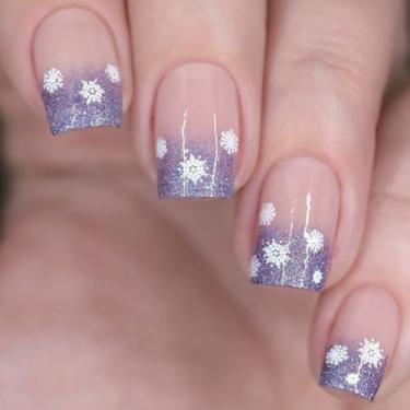 Imagem de Unhas postiças quadradas curtas de floco de neve de Natal com design de glitter roxo, cola completa nas unhas, unhas artificiais brilhantes de Natal, unhas postiças de Natal para mulheres, faça você
