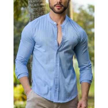 Imagem de Camisa Social Masculina Slim de Linho Azul Premium Gola Padre Conquest