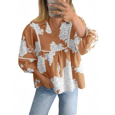 Imagem de Blusa feminina Tankaneo Floral Peplum Babydoll com decote em V marrom