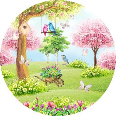 Imagem de Painel de Lona Redondo Jardim Aquarela Pássaros Casal Paisagem Natural