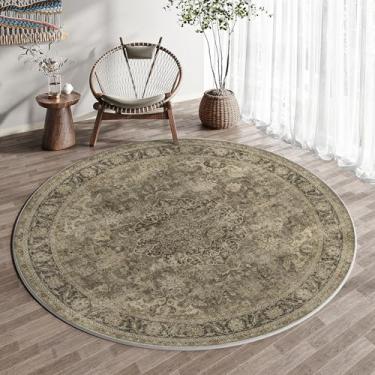 Imagem de WondRg Tapete redondo lavável 12 x 12 cm, marrom, vintage, antiderrapante, antiderrapante, tapete circular tradicional, retrô, envelhecido, macio, fino, para sala de estar, quarto, sala de jantar