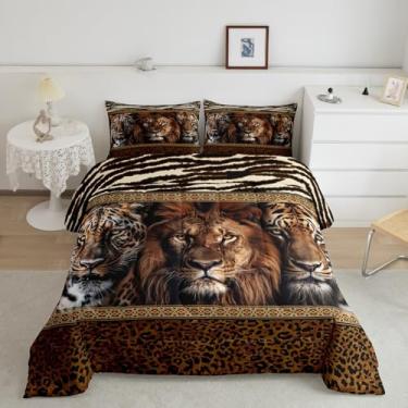 Imagem de Manfei Conjunto de edredom Queen com estampa de tigre e leão, guepardo, preto, marrom, zebra, leopardo, listras, para adolescentes e adultos, animais selvagens africanos, safari, 3 peças, 2 fronhas