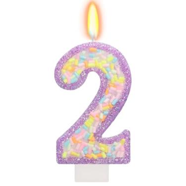 Imagem de ElekFX Vela de aniversário número 2 com granulados, topo de bolo arco-íris de unicórnio roxo pastel, decorações de festa Sweet Candyland para meninas e meninos 2 anos
