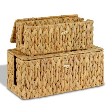 Imagem de efluky Pacote com 2 caixas de gerenciamento de cabos tecidas à mão com tampa, compartimentos abertos de jacinto de água para esconder fio USB, filtro de linha e carregador para casa, escritório e